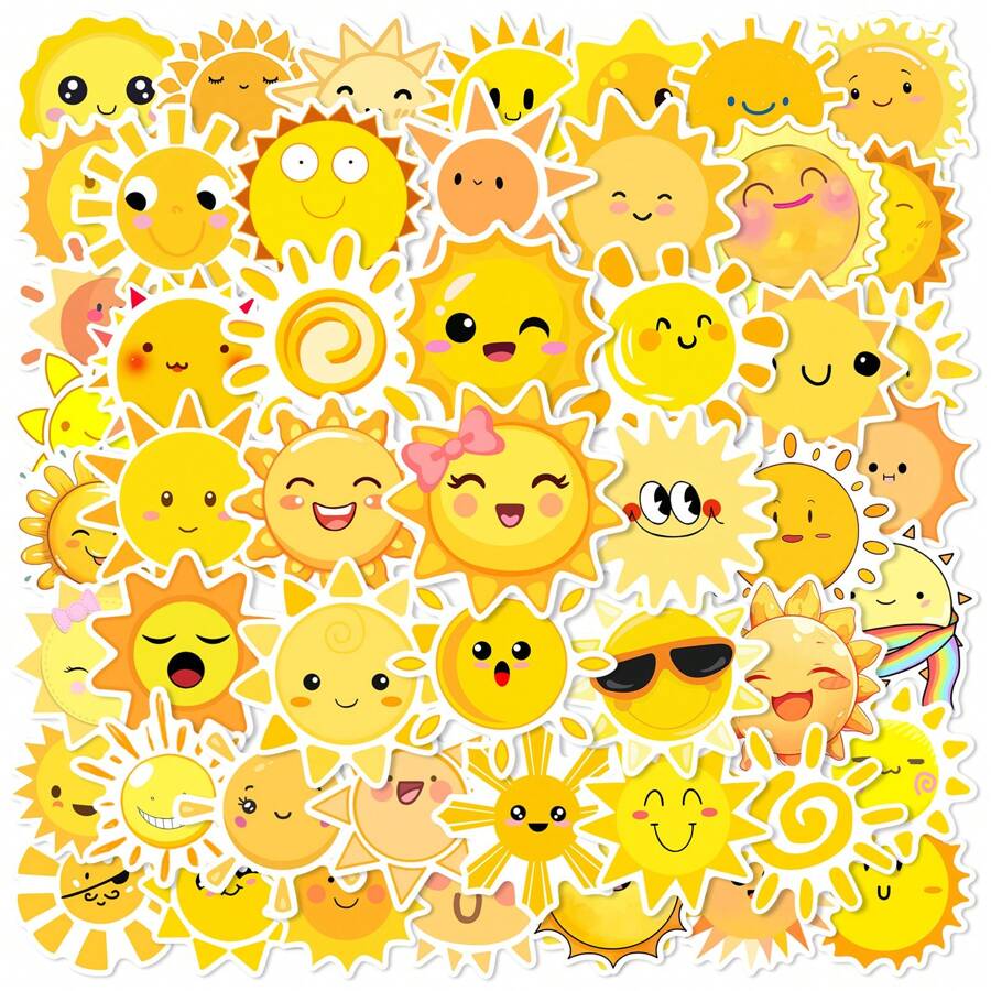 50 adesivos de desenho animado fofos com rabiscos de sol para bagagem, brinquedos, garrafas de água, decoração de festa de aniversário, adesivos infantis