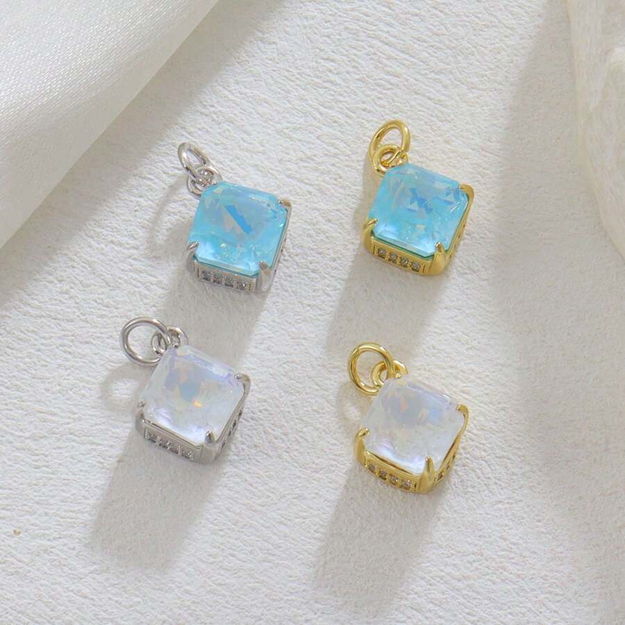 1pc Copper Square Cubic Zirconia Micropave Pendant, DIY Jewelry Accessory For Necklace, Bracelet, Earrings