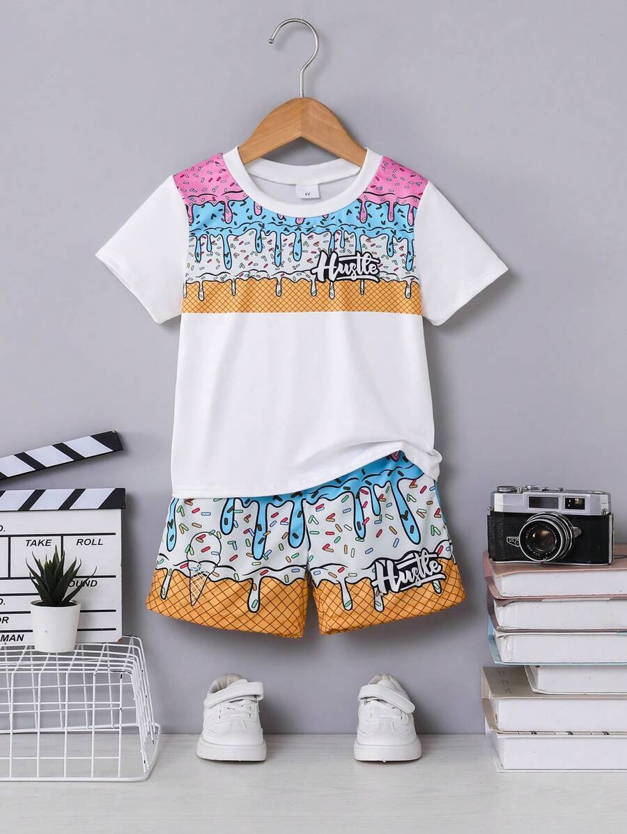 Boys Summer Outfit: Round Neck Short Sleeve Ice Cream Cone Ombre Print T-Shirt + Fully Ombre Ice Cream Cone Print Shorts Set