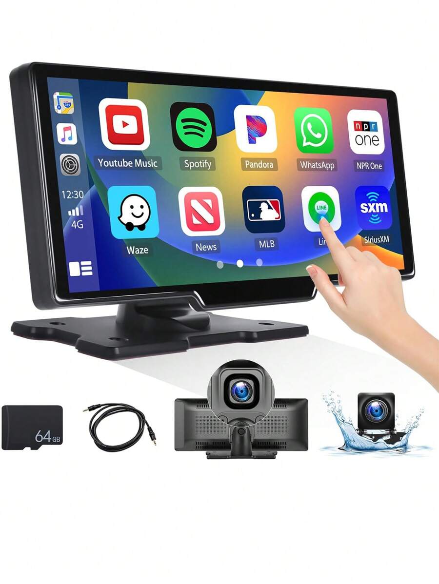 9.3inch Portable Car Screen With Wireless Apple Carplay Android Auto Mirror Link Dash Cam Front And Rear Reversing Monitor 1080P Backup Camera Split Screen/DVR Loop Recording/Voice Control/Bluetooth