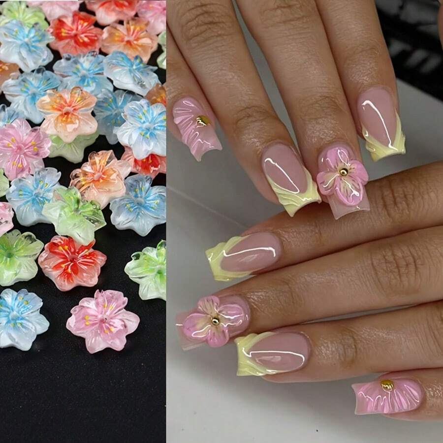 Pack Of Assorted Resin Nail Art Decoration, 3D Embossed 5-Petal Flowers With Gradient Pink Petals, Fragrance Free