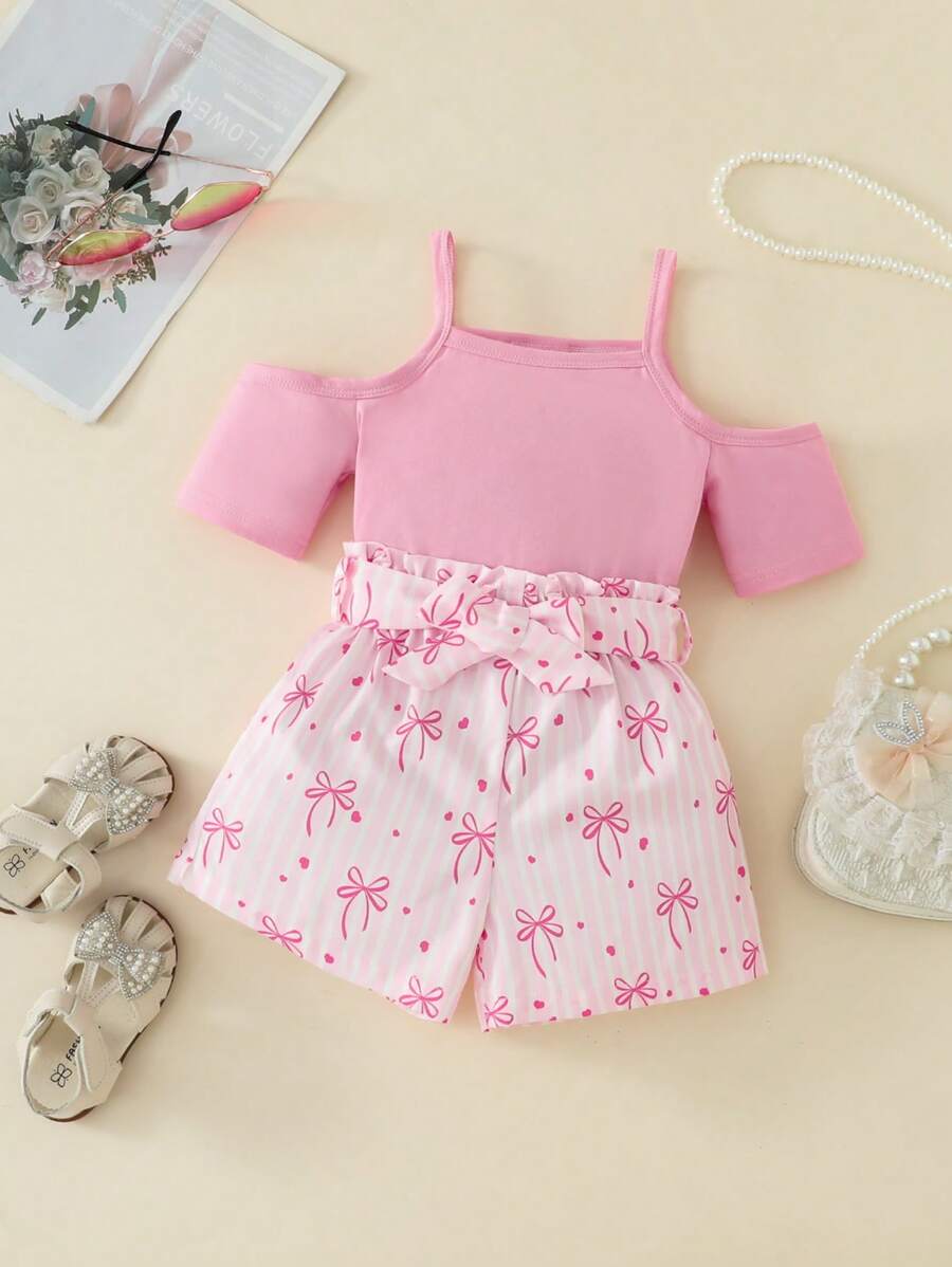 Girls Spring/Summer 3pcs Set: Cold Shoulder Strap Solid Color Top + Butterfly Print Shorts + Belt
