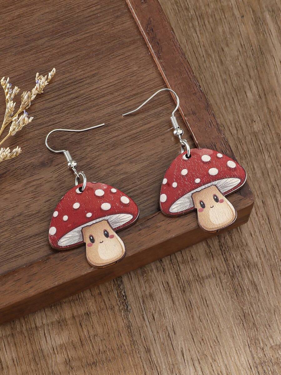 1 Pair Wooden Colorful Mushroom Design Earrings, Cute Cartoon Style Women's Daily Accessory