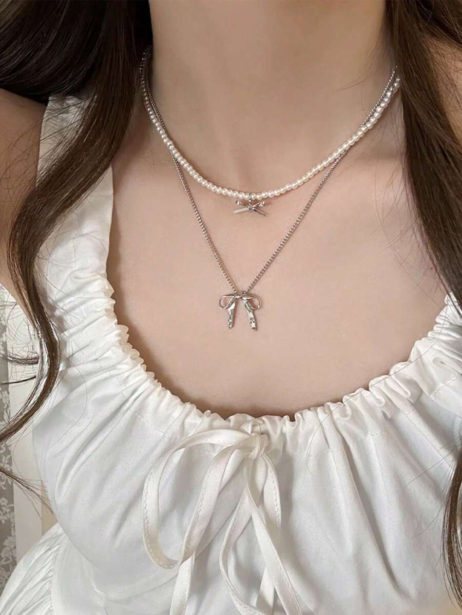 2 Pieces Of Elegant Rhinestone Bowknot & Faux Pearl Necklace, Delicate Fresh And Simple Luxury Choker Necklace For Women