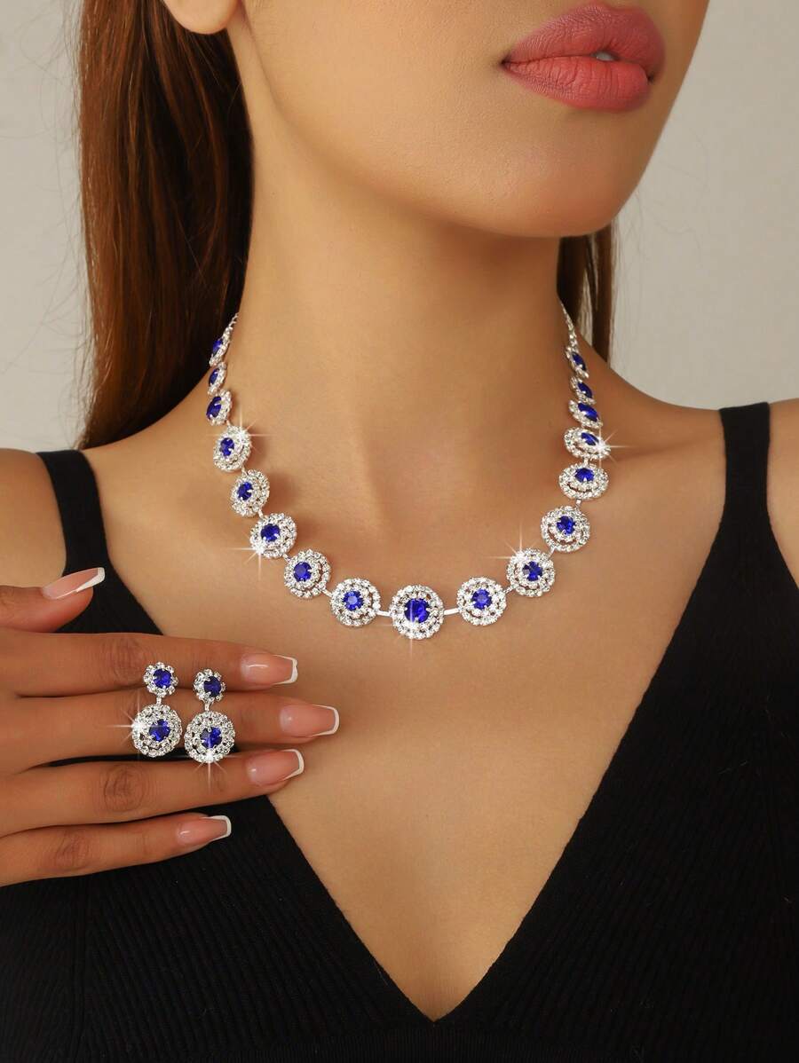 3pcs Luxury Wedding Party Women Dresses Rhinestone Diamond Decor Jewelry Fashion Sparkly Choker Necklace & Earrings Set Prom Costume Jewelry Set Accessories (2 Earrings And 1 Necklace)
