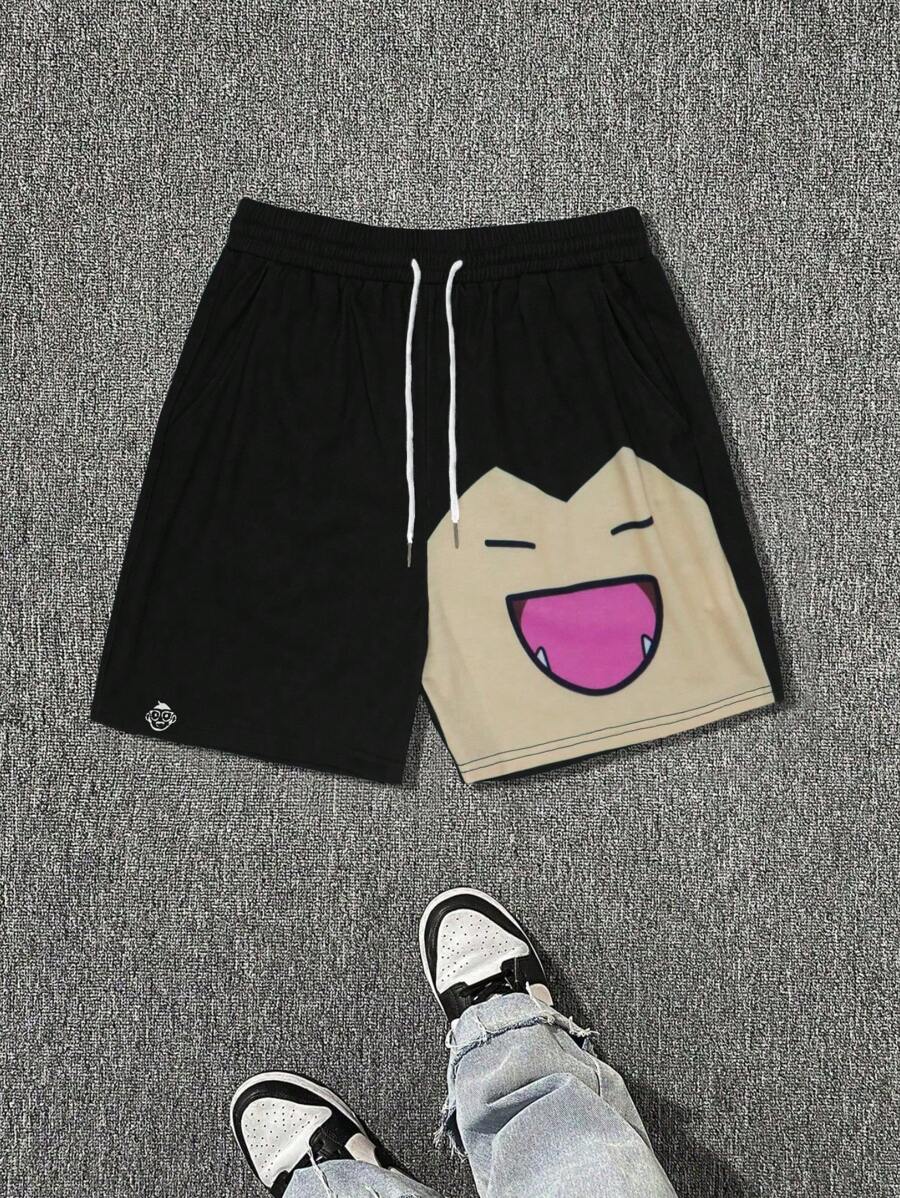 pokemon Men's Casual Contrast Color Cartoon Print Drawstring Shorts