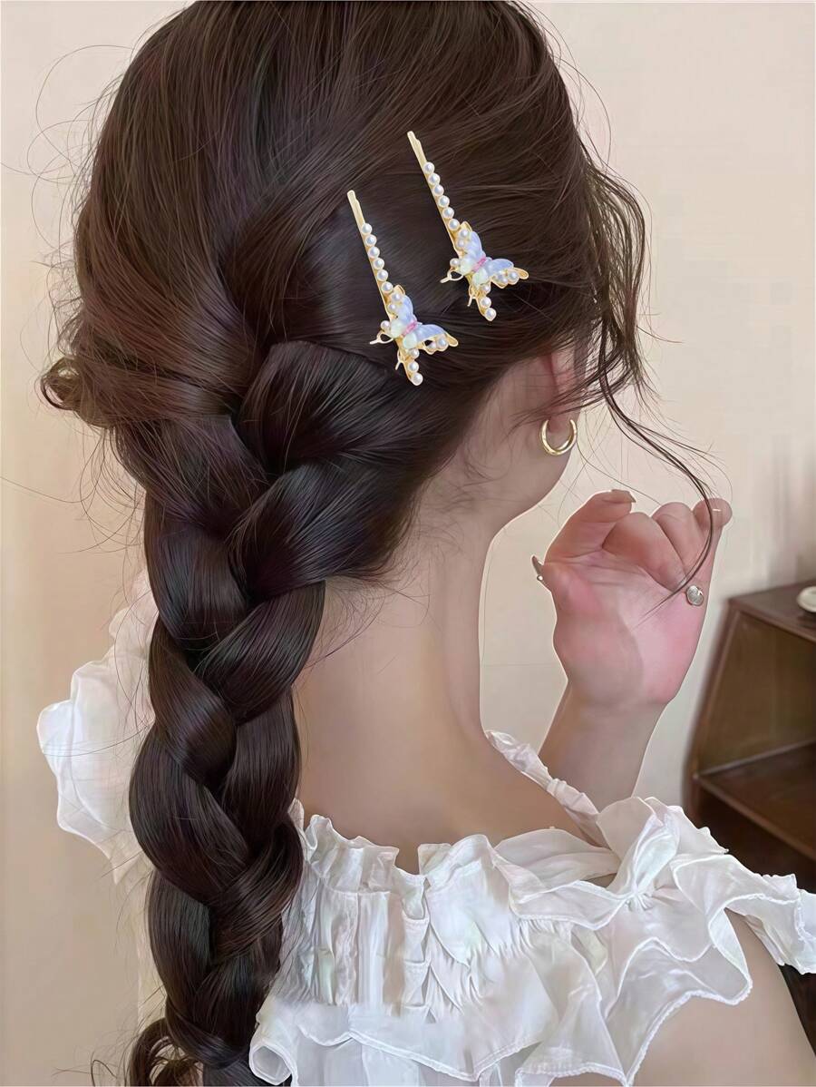2 Stücke Frauen bezaubernde Kunstperlen Legierung bunte Schmetterling Haarspangen, Pony Seitenhaarspangen, geeignet für Kleider, Alltags-Outfits, Haarstyling Dekorative Accessoires - elegant, süß