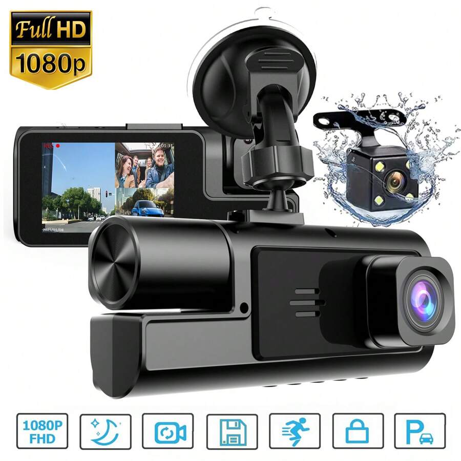1 Stück, Dashcam vorne und hinten und innen, 3-Linsen Dashcam für Autos, 1080P Full HD DVR Auto Armaturenbrett Kamera mit Schlaufenaufnahme, Blackbox, Auto Kamera, Auto Fahraufzeichnung, 2 Zoll Display, SD-Karte nicht enthalten