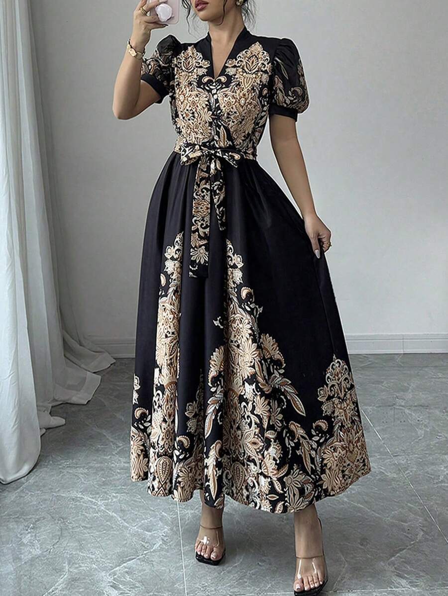1pc Patchwork Floral & Plant Graphic Elegant Bohemian Crossed Waistband Slit Dress