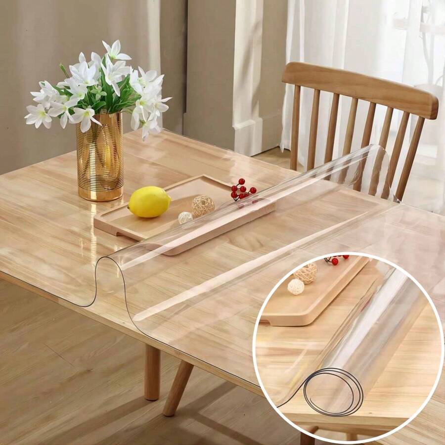 1pc Vinyl Table Mat Protector, 1.5mm Thick, Semi-Transparent, Stain-Resistant, Waterproof, Solid Color, Non-Textile, For Dining, Coffee Tables, Desks - Thanksgiving Decor
