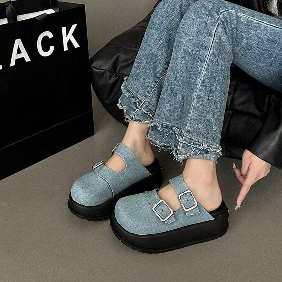 Sandali neri slip-on in stile francese con suola spessa per le donne in primavera e in estate