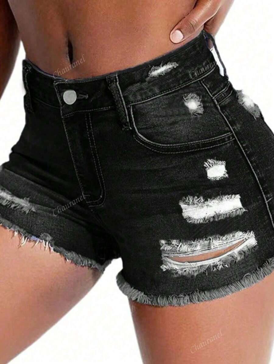 Edgy Mid-Rise Slim-Fit Stretch Shorts – Distressed & Frayed Hem For Look
