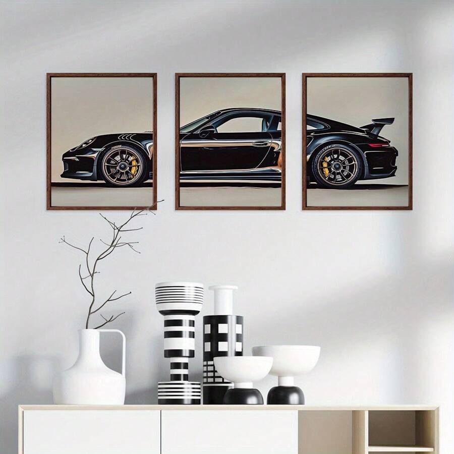 3 pôsteres de carros pretos sem moldura, pôsteres de carros esportivos, decoração de parede de carro moderna, presente para entusiastas de carros, pôsteres de supercarros, decoração de parede para escritório, casa, dormitório, arte de parede em estilo moderno