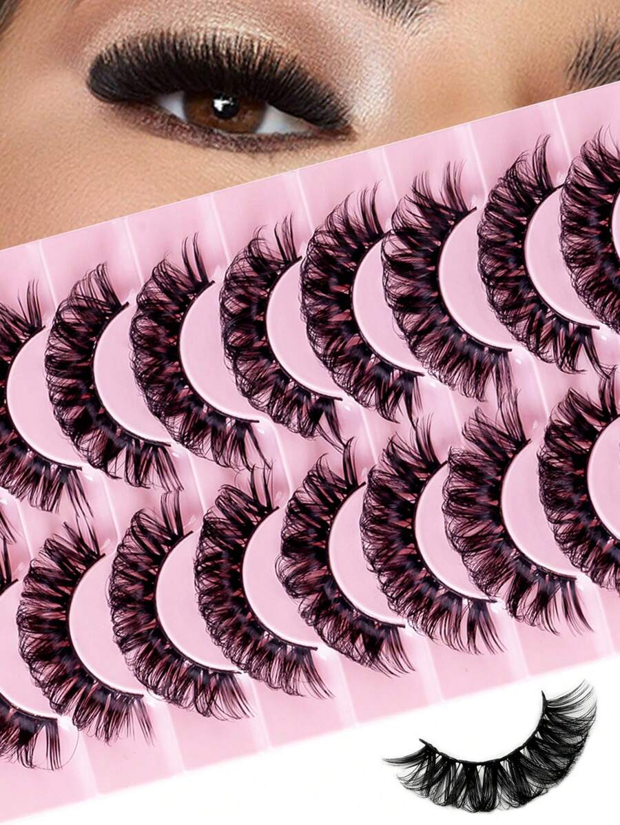 Cílios Postiços de Volume Russo, Cílios Naturais Wispy Falsos de Vison, Pacote com 10 Pares, Cílios de Tira Postiços Falsos, Conjunto para Iniciantes, Maquiagem Diária