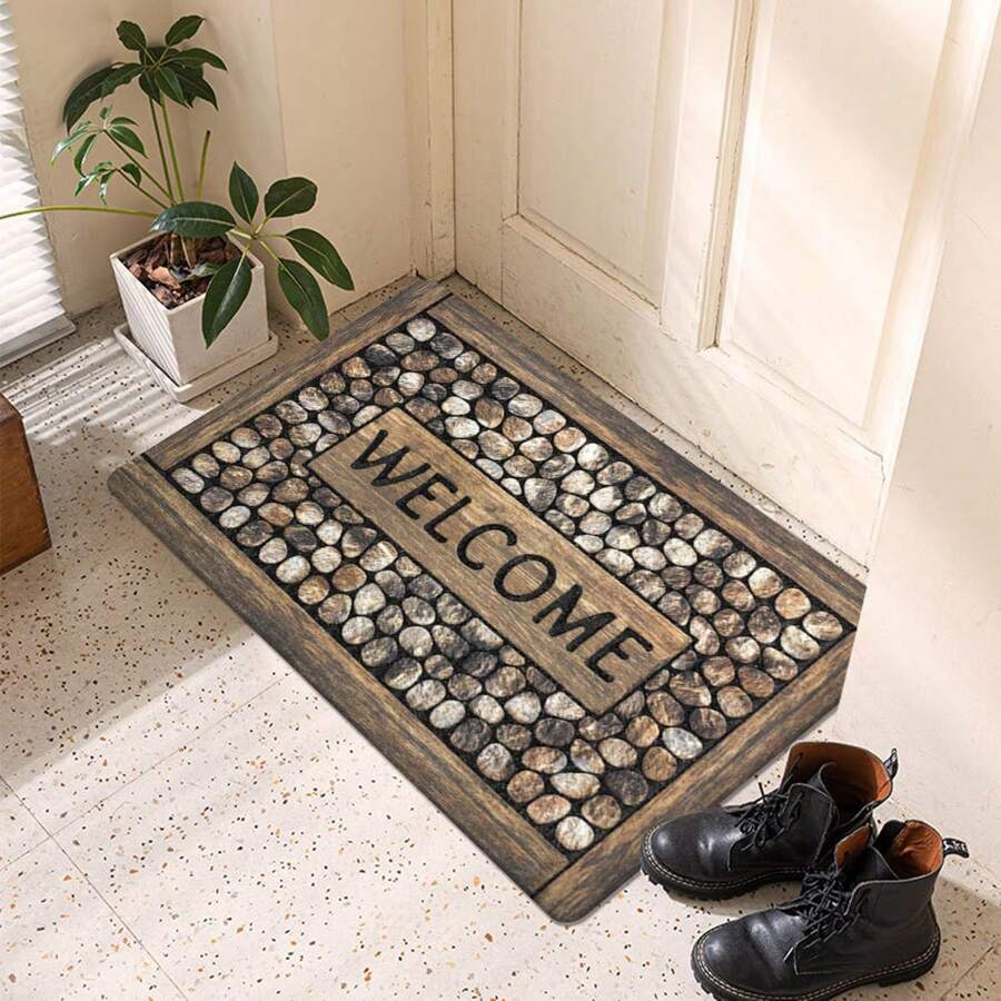 1 pièce Paillasson d'entrée en flanelle avec motif de grain de bois et de galet, épais et doux, tapis d'accueil intérieur, facile à nettoyer, adapté pour le patio, le salon, la salle à manger, la cuisine, la buanderie