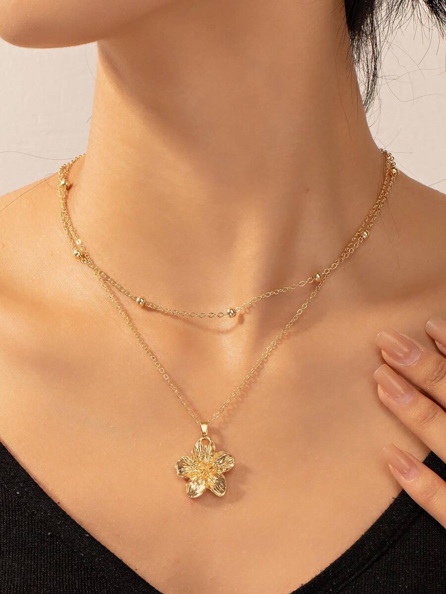 1pc Classic Elegant Gold Flower Layered Necklace, Suitable For Daily Wear, The Best Gift To Friends