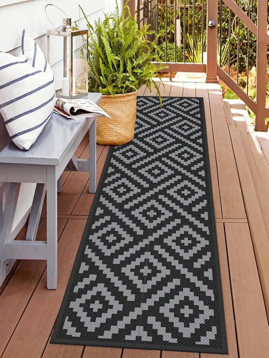 1pc Reversible Waterproof Outdoor Rug, Anti-Aging Outdoor Carpet For Outdoor Track/Path, Yard, Camping, RV, Patio, Deck, Beach (Black And Gray)
