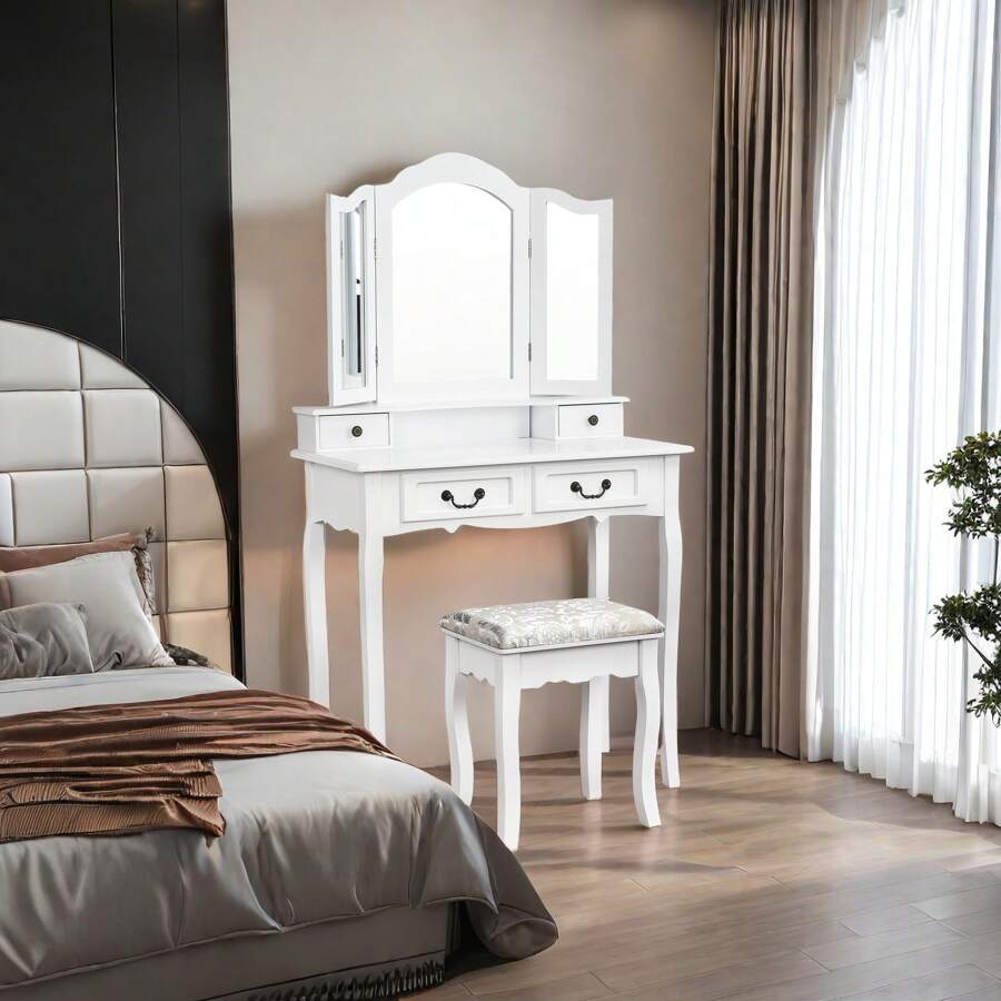 Set da toeletta bianco con sgabello, toeletta moderna con sgabello e specchio, con cassetti, tavolo in legno e sgabello imbottito per camera da letto, bagno