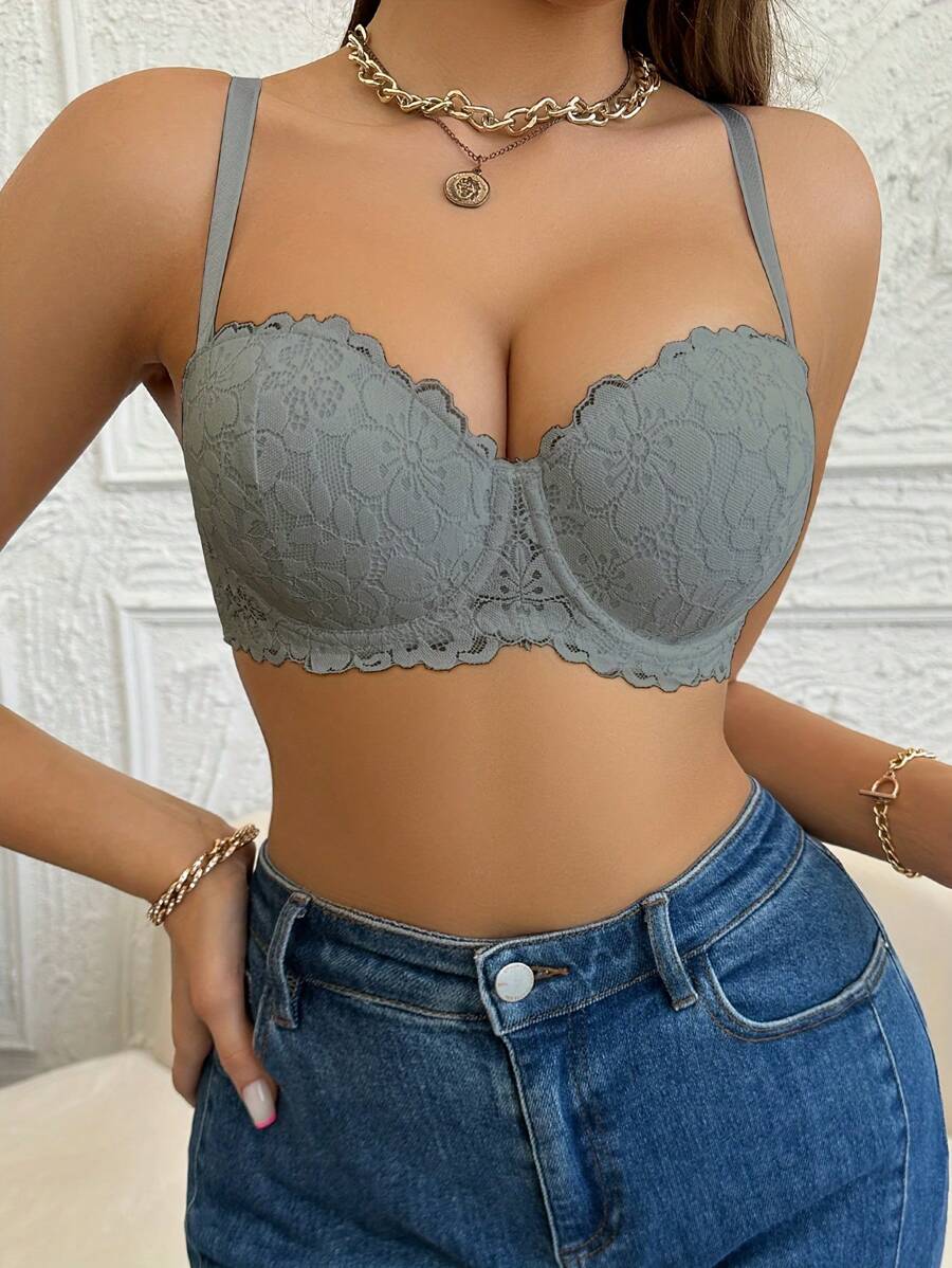 Ropa interior sexy estilo encaje de media copa gris para mujeres, sujetador con tirantes extraíbles y push-up cómodo para uso diario