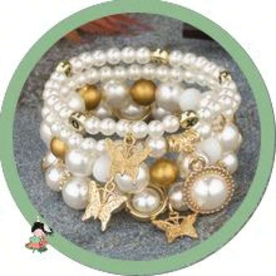 Pulseira de Contas de Pérola para Mulheres com Pingente de Borboleta, Pulseira Elástica Ajustável de Múltiplas Fileiras de Pérolas