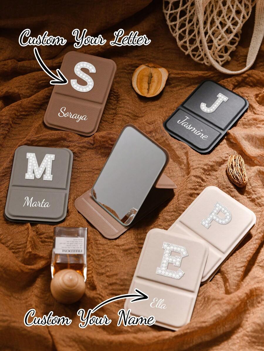 1Pc Personalization Makeup Mirror,Portable Embroidered Pearl Letters Makeup Mirror, Pu Leather Small Mirror, Foldable, Travel Mirror, Suitable For Gifts, Travel Necessities, Makeup Necessities, Suitable For Traveling, Also Suitable For Home Use Makeup, Suitable For Bridesmaids, Graduation Season Boutique Gifts.