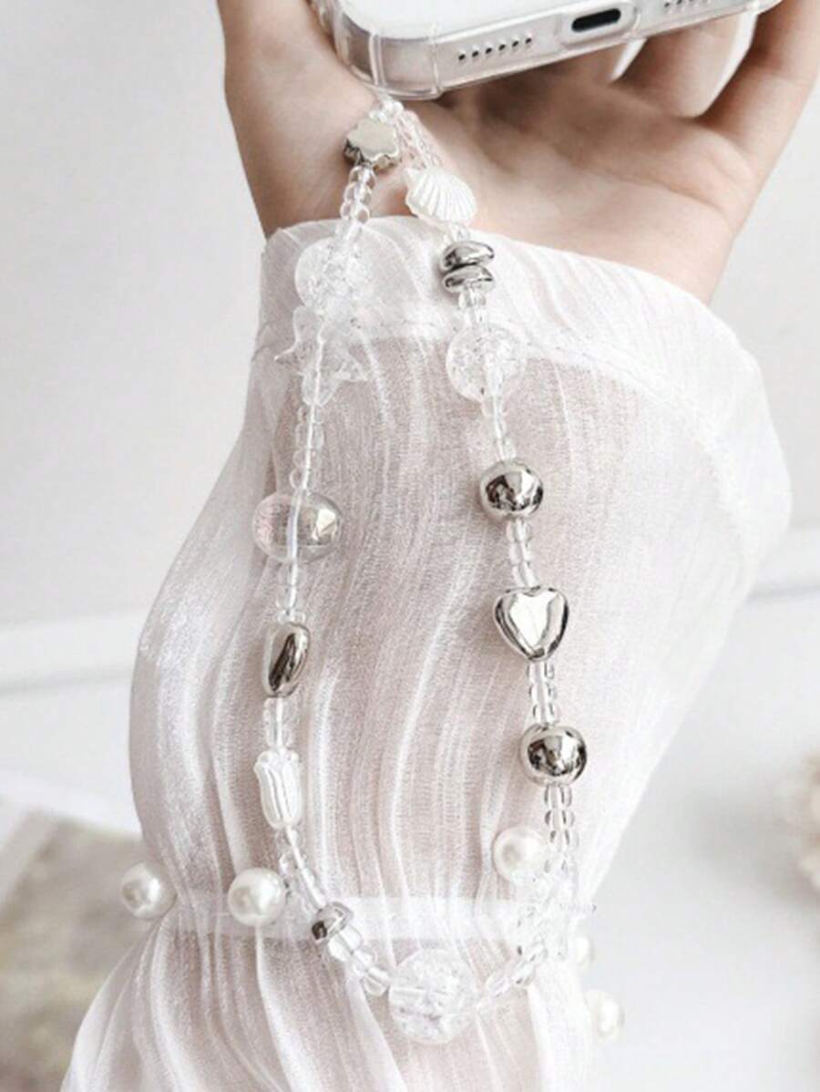 1pc White And Silver Artificial Crystal Tulip Heart-Shaped Shell Ins Phone Case Chain Ccd Camera Lash Accessory Brown Series Diy Beaded