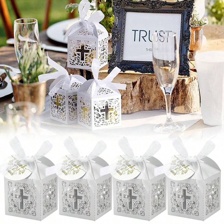 6-24pcs Elegant White Hollow Cross Gift Box Laser-Cut Wedding Candy Box Wedding Baptism Favors Gift Box Decoration Baptism Gifts