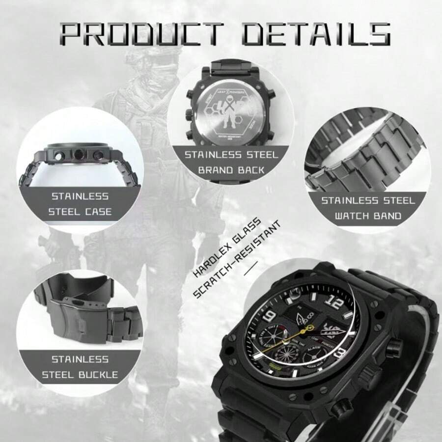 1 Relógio Eletrônico Multifuncional Masculino com Pulseira de Aço e Movimento Duplo, Relógio Masculino com Mostrador Grande e Resistente à Água