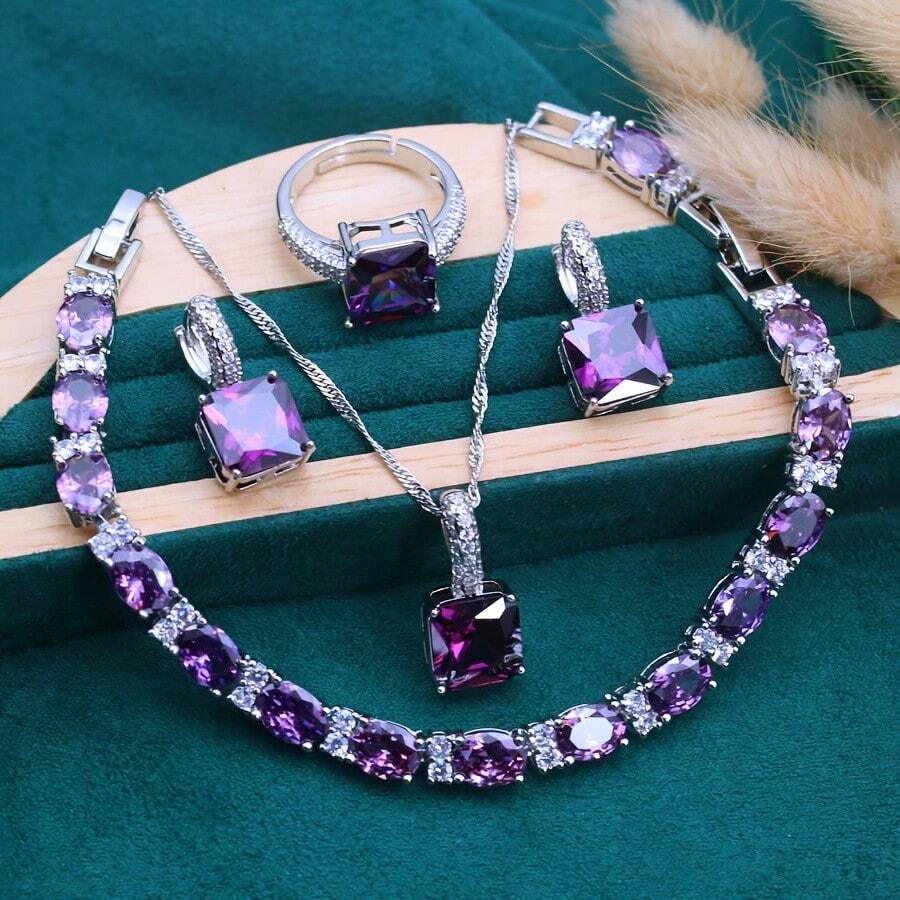 Elegante conjunto de joyería de 5 piezas para mujeres - Collar, aretes, colgante, anillo y pulsera de zirconia cúbica púrpura vintage cuadrada - Perfecto para bodas, regalo de Navidad para mujeres, empaquetado en caja de joyería de alta gama