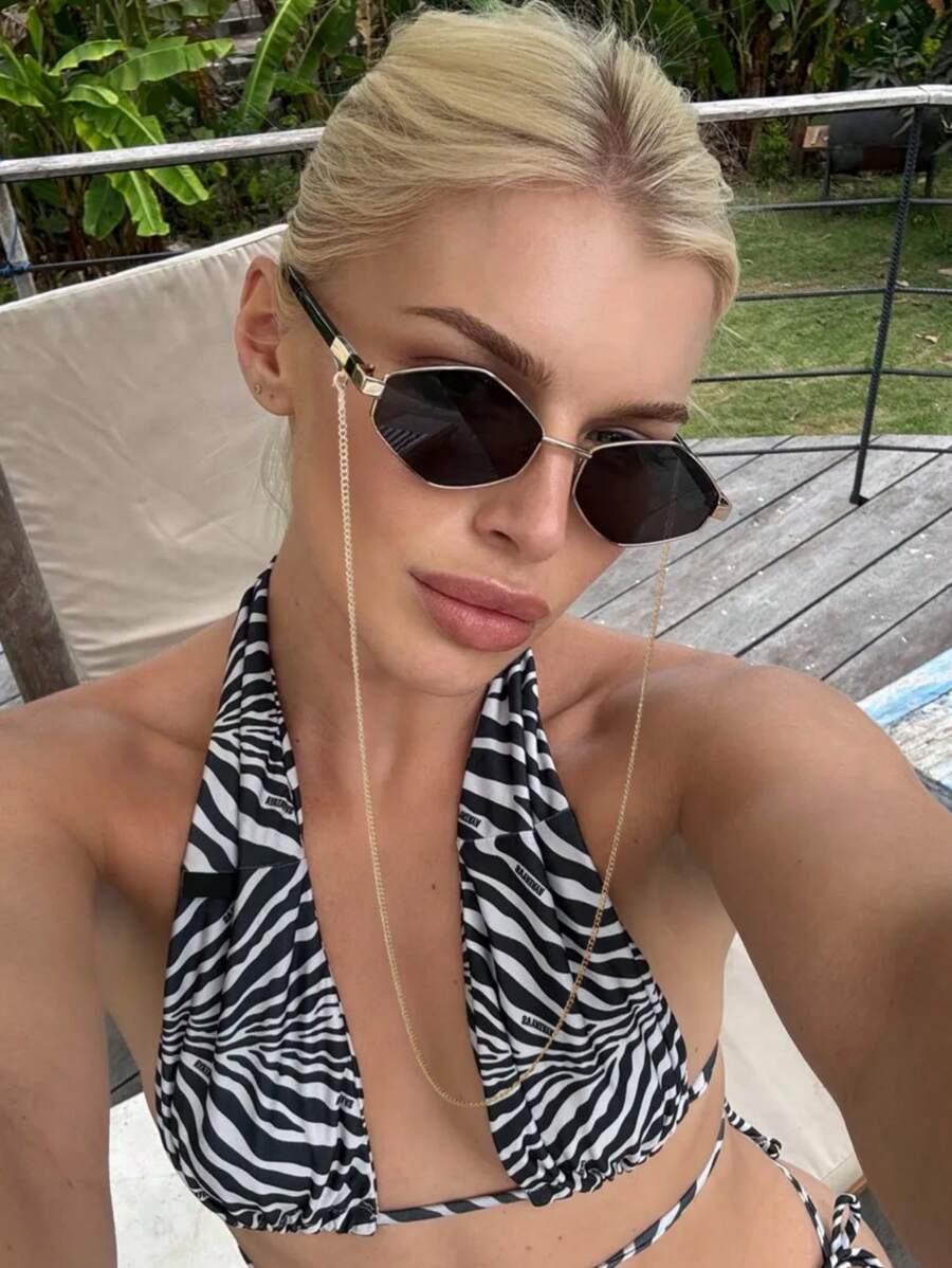 1 Stück Modische geometrische Rahmen Modebrillen für Frauen mit Brillenkette, vintage metallischer Rahmen Outdoor Sonnenbrillen Vintage Schattierungen Strand Sommer Camping Reisezubehör