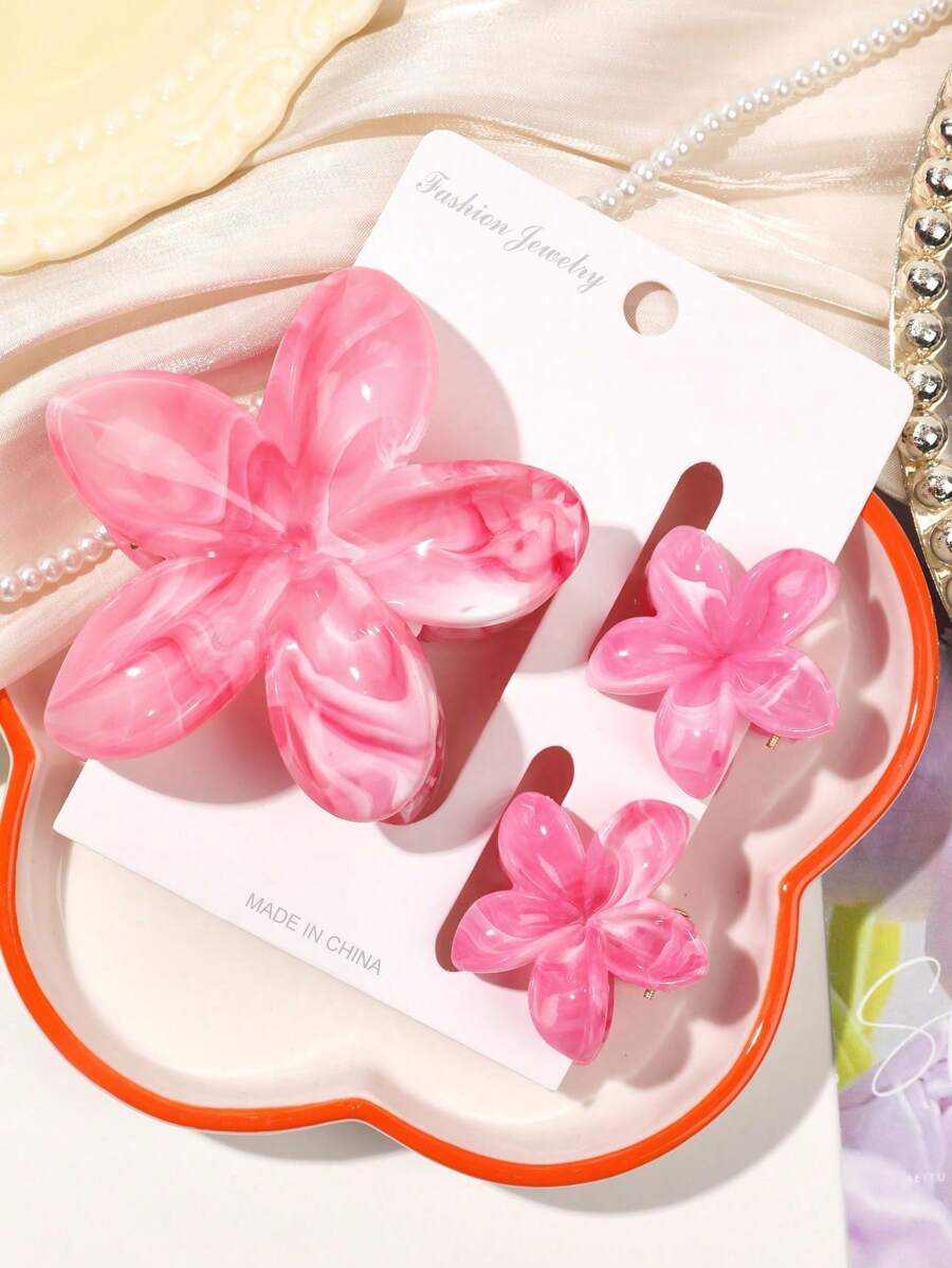 3pcs/Set Spring/Summer Pink Gradient Marble Flower Hair Claw, Boho Hair Clip For Bangs & Hair Styling, Suitable For Daily Wear, Casual Party, Commute, Vacation Hair Clips Hair Jaw Clip Hair Clamps Hair Clutch Hair Catcher Clip