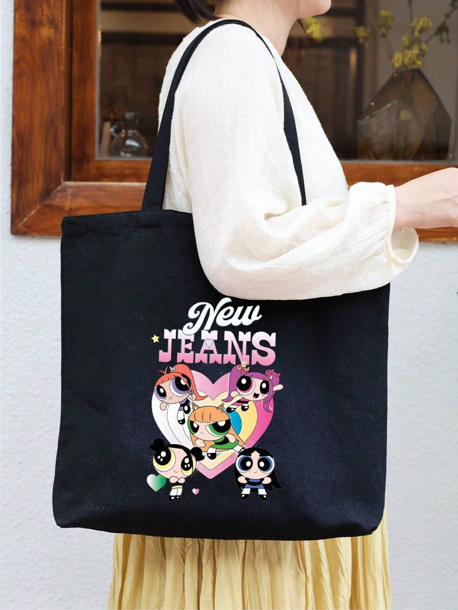 THE POWERPUFF GIRLS Cartoon Superhero Policewoman Minimalist & Stylish Canvas Shoulder Tote Bag, Casual Large Capacity Daily Work Commute Foldable Shopping Handbag