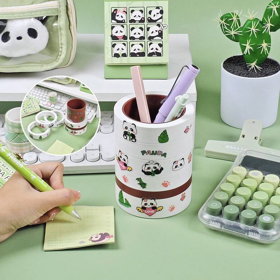 Desk Pen Holder Organizer Box, Office Desktop Stationery Storage Container With Panda Stickers, Minimalist Design,Back To School,School Supplies,Pencil Case,Pencil Pouch,School Bag