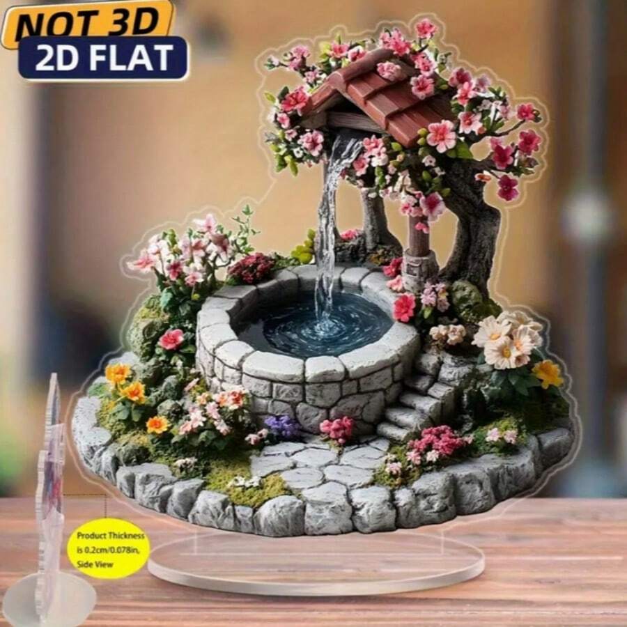 2D Flat Acrylic - One Piece Of Serene Waterscape With Sakura Flowers And Thatched Hut Design, Multifunctional Artist Home Decor, Ideal Gift For Valentine's Day, Home Accents | Floral Design | 2D Decoration, Charming Room Decor.