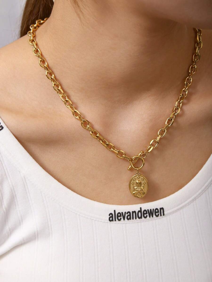 TONSI 1 pièce Collier pendentif en acier inoxydable plaqué or 18 carats personnalisé Y2K avec portrait géométrique exagéré, convient pour la remise des diplômes, la fête de plage, les rassemblements, bijoux pour femmes