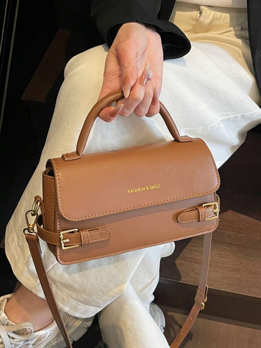 Bolso cuadrado con solapa, bolso de mano de mujer de piel sintética de moda, bolso bandolera elegante con decoración de cadena