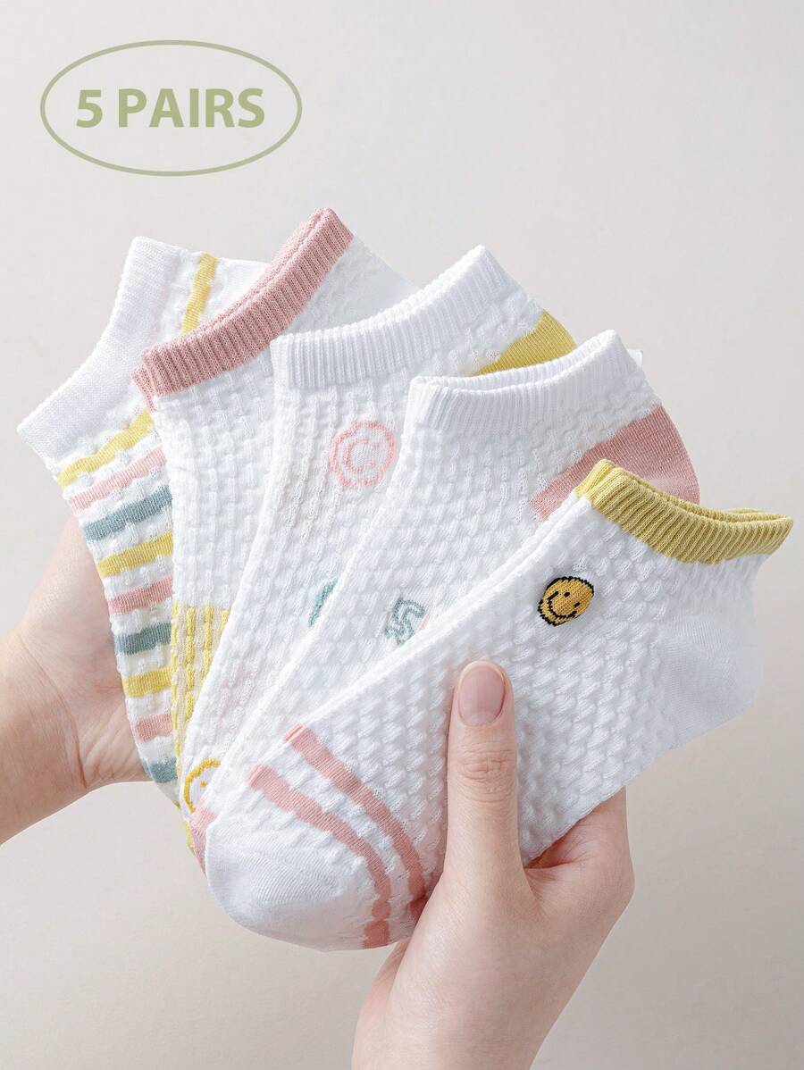 5 Pairs Of Candy Colored Women's Socks, Cute Playful Smiling Face With Embossed Floral Pattern Women's Short Socks Ankle Socks, Casual Sports Daily And Going Out Wear