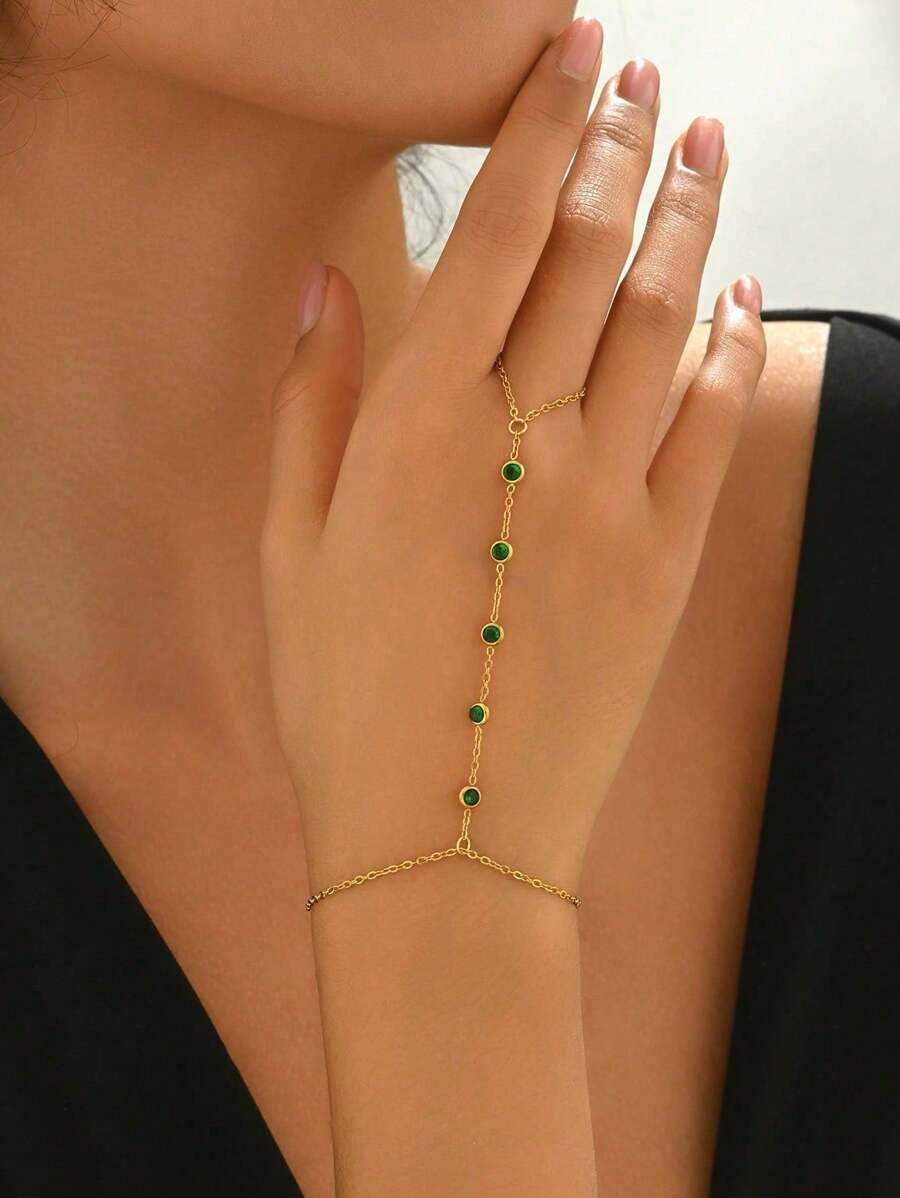 1 pezzo Catena da polso donna in acciaio inossidabile dorato con 5 zirconi cubici verdi tondi, gioiello di moda, placcato oro 18K
