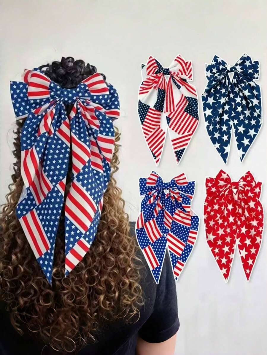 4pcs Women Hair Clips Set, Hot Selling American Independence Day Hair Clips With Ribbons, Bows & Ponytail Holders, Holiday Party Hair Accessories, Claw Clips, Clips For Hair, Hair Slide, Hair Claws