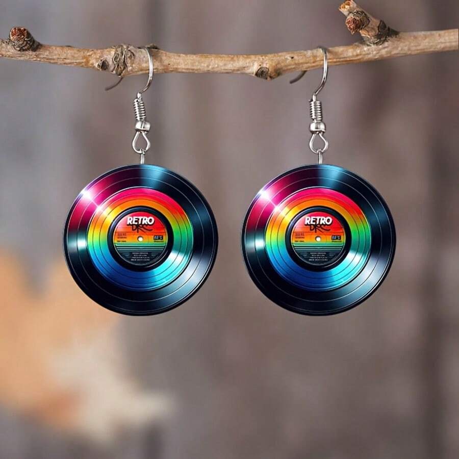 2D Flat Colored Guitar & Vinyl Record Music Festival Earrings - Boho Style 2D Flat Acrylic Cartoon Pendant With Zinc Alloy Hook, Lightweight And Durable Jewelry, Suitable For Concerts, Festivals, Casual Outfits - Perfect Gift For Music Lovers