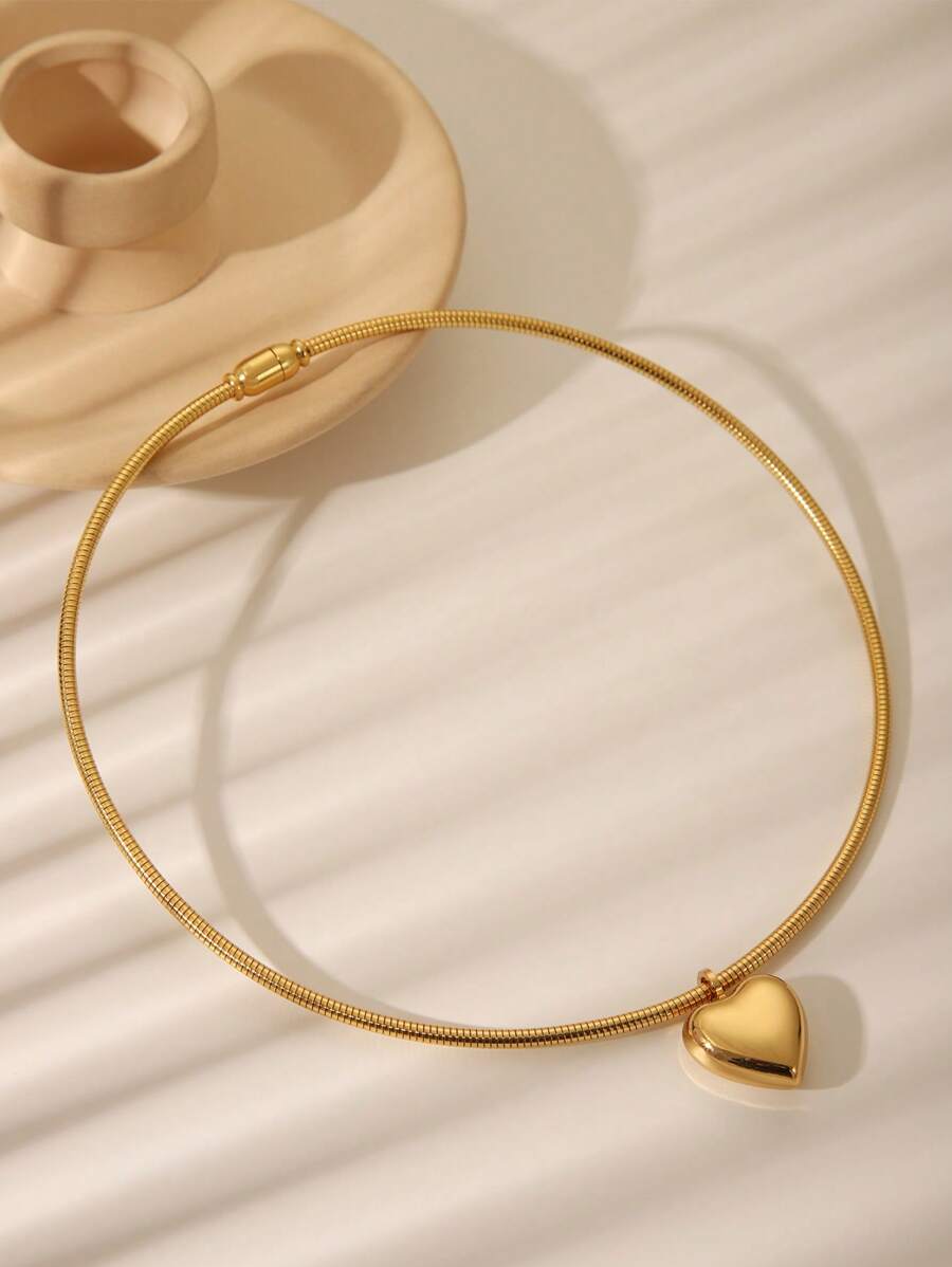 1 pieza Collar de acero inoxidable con corazón de 18K, estilo minimalista y versátil, color duradero, joyería
