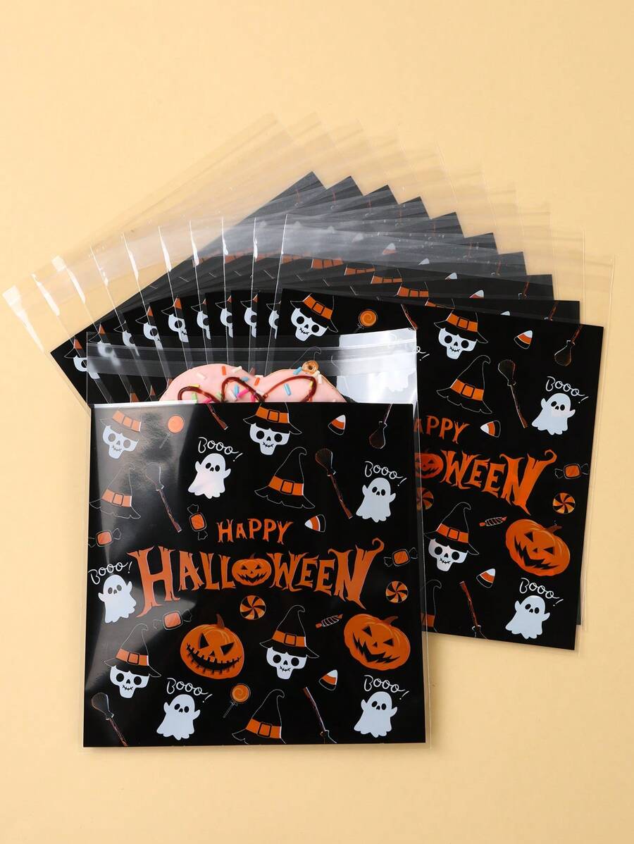 50 piezas de bolsas de regalo con cierre automático de 14*14cm con tema de Halloween, bolsas de caramelos transparentes con diseño de calabaza y espectro, bolsas desechables con tema de Halloween para empaquetar alimentos, postres, galletas, chocolates para la fiesta, decoración, obsequios y trucos o golosinas de Halloween