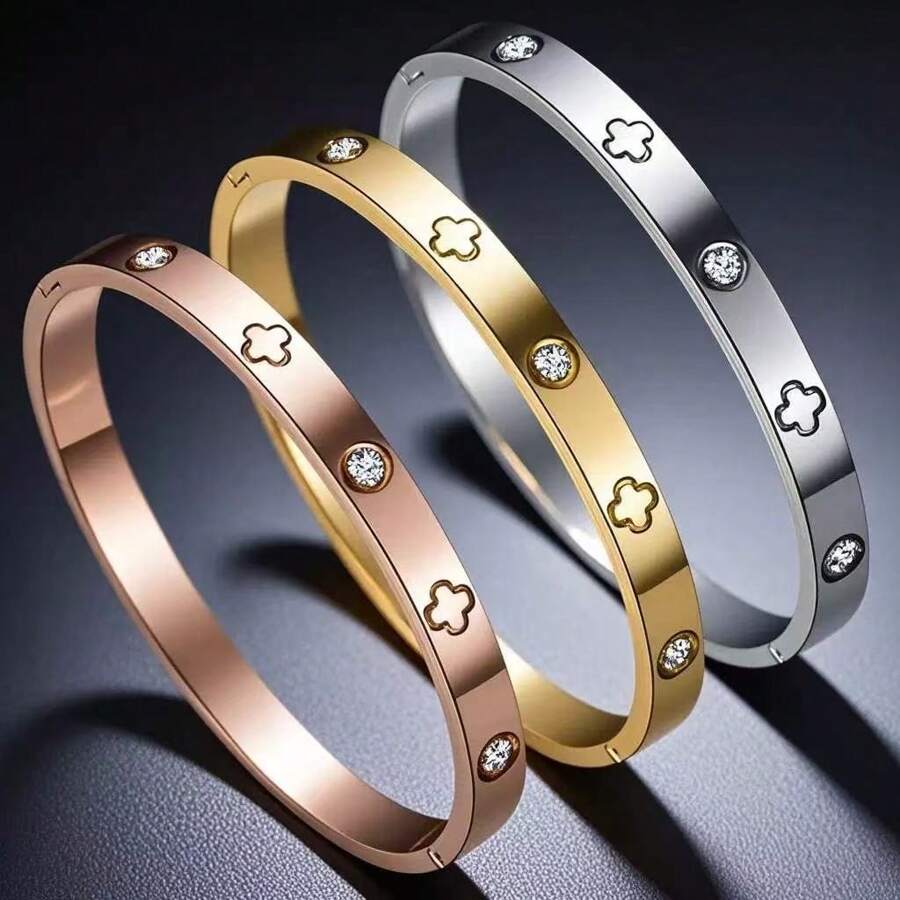 Titanium Steel Bracelet, Mirror Polished, Vacuum Electroplated, Non-Fading, Cubic Zirconia, Lucky Four-Leaf Clover, Classic & Fashionable Style, Suitable For Daily Wear, Weddings, Schools, Formal Evenings