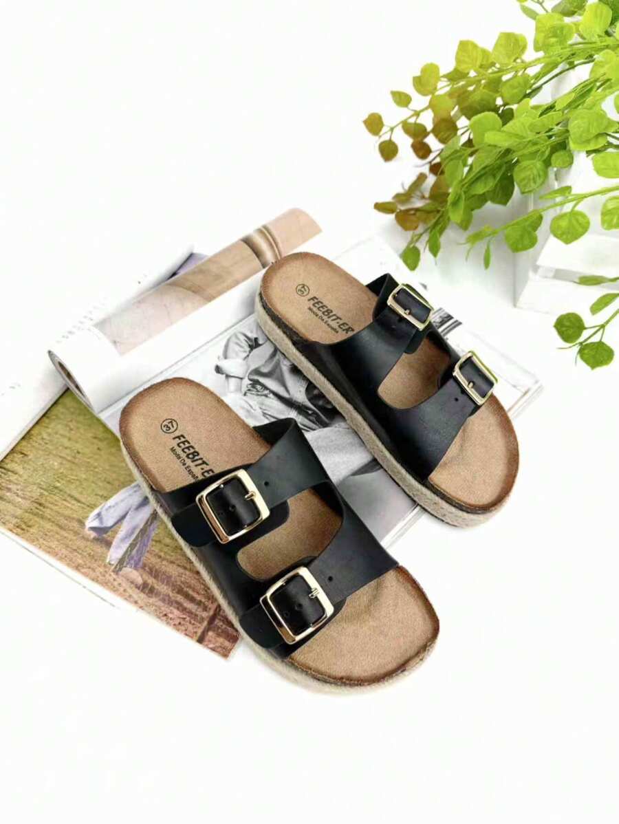 Sandalo basso da donna in sughero con fibbia alla moda, fresco, leggero, antiscivolo e con plateau di 3 cm, ideale per l'uso quotidiano.