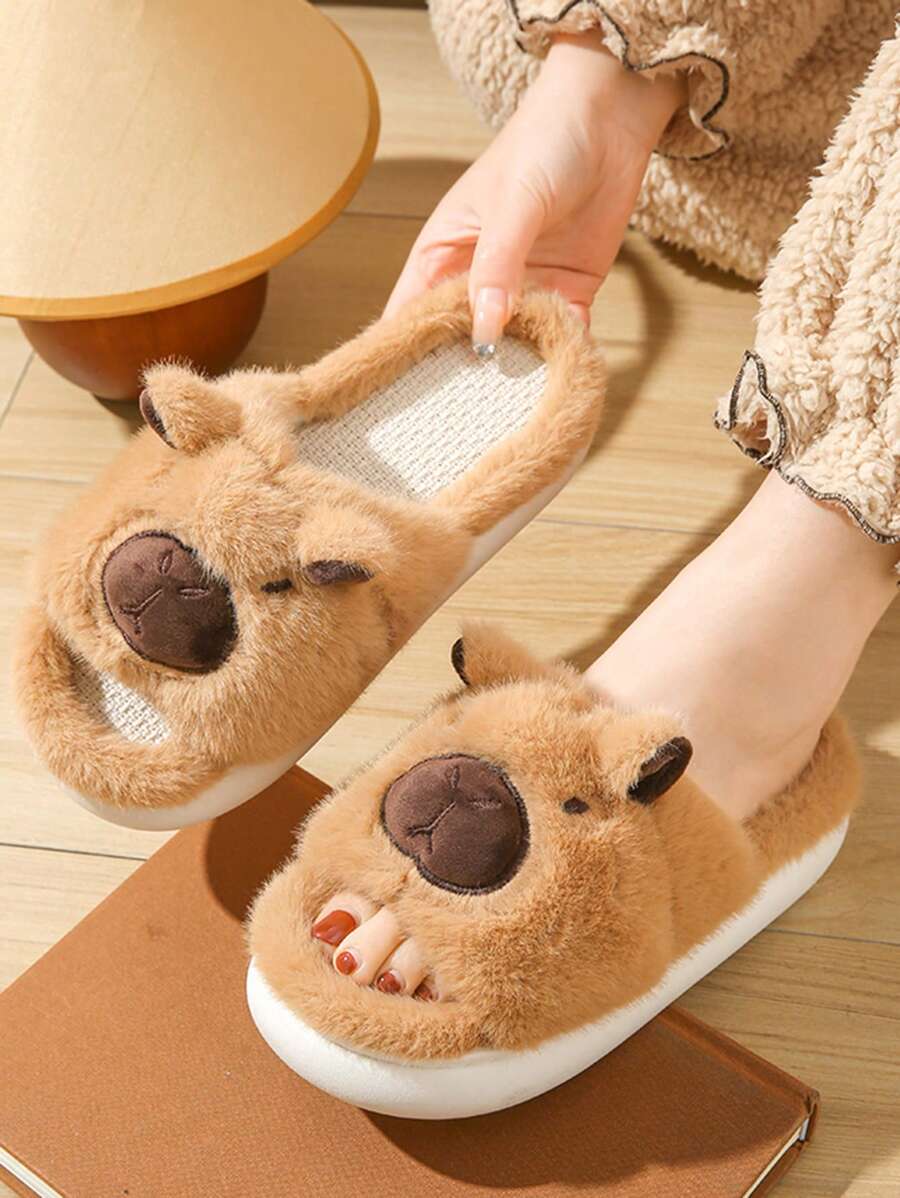 1 par de pantuflas antideslizantes con suela plana y diseño de dibujos animados de lino, unisex, aptas para todas las estaciones