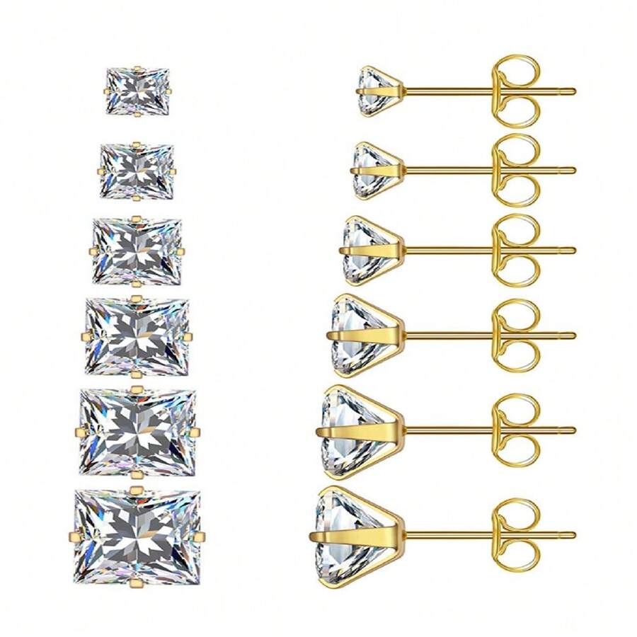 1 Pair 316 Stainless Steel Hypoallergenic Square Cubic Zirconia Stud Earrings, 18K Gold Plated Titanium Steel Zirconia Cartilage Clip Ear Cuffs, Minimalist Luxurious Rhinestone Earring Clips, Unisex Titanium Steel Sparkling Earrings, Perfect Holiday Gift