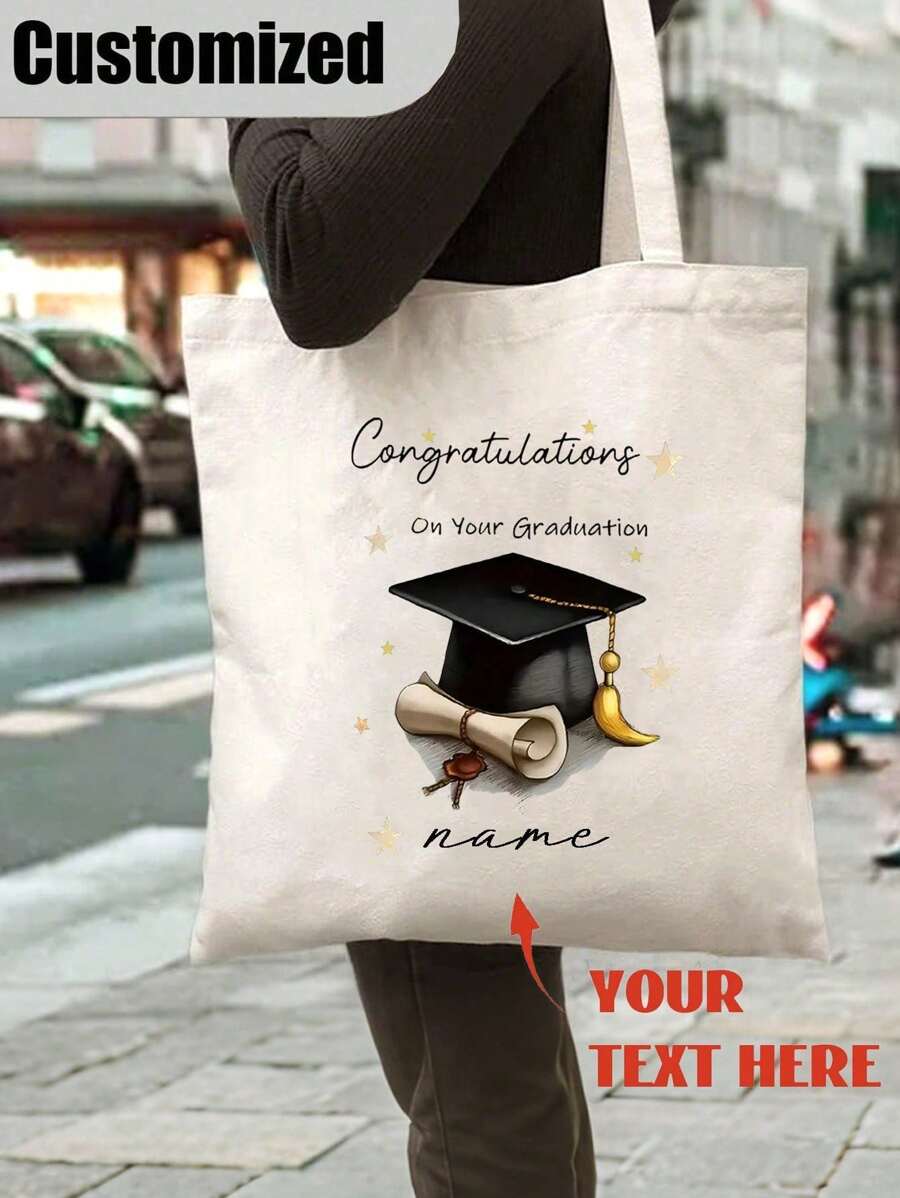 1pc Custom Graduation Name Congratulations 2025 Personalized Canvas Tote Bag, Durable Large Capacity, Simple Style, With Ideal Graduation Gift For Gift Bag