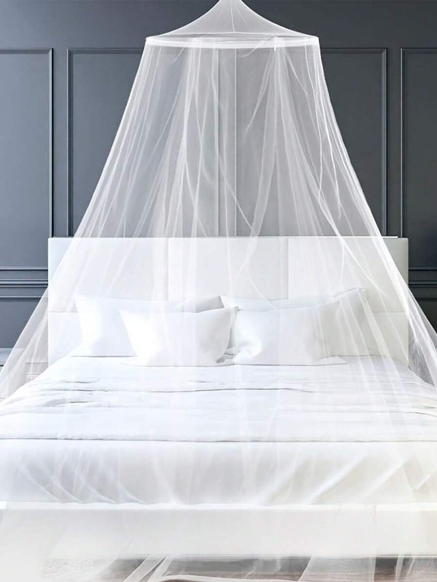 1 pieza Elegante mosquitera redonda y abovedada - Estilo de princesa, blanco con detalles dorados, adecuado para camas individuales hasta de adultos, ideal para la decoración del dormitorio y la habitación de invitados