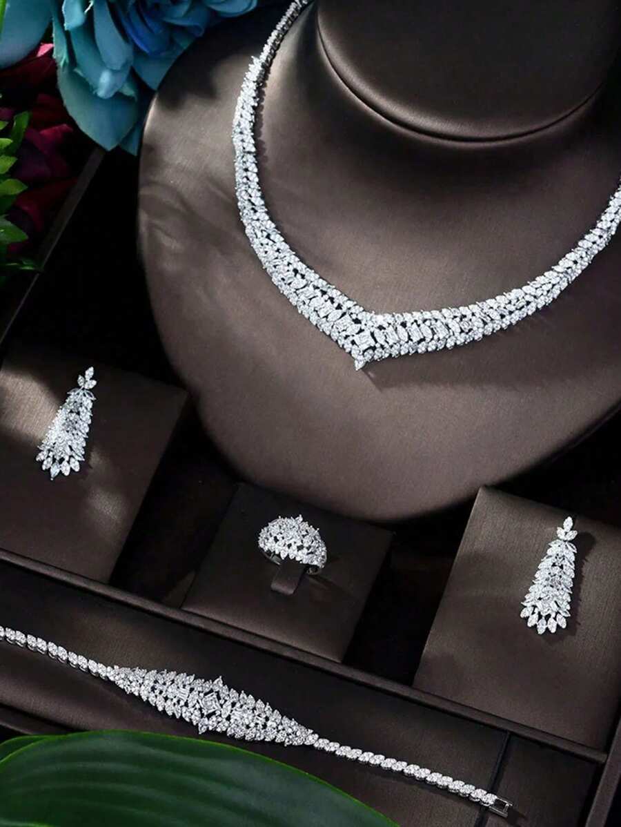 1 Set High-End Dazzling Necklace Earrings Cubic Geometric Set Necklace Earrings Bracelet Zirconia Suitable For Party Evening Party Gift Bridal Hostess Dress Accessories