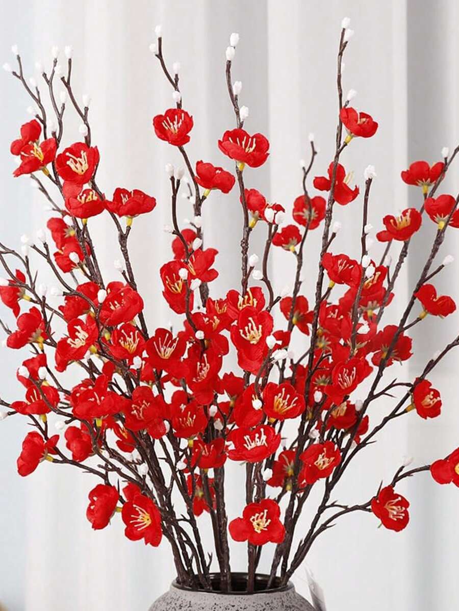 1/4/8pcs Artificial Flowers Red Plum Blossom 21.7'' Fake Wintersweet Long Stem Plastic Flowers Home Hotel Office Wedding Party Garden Decor